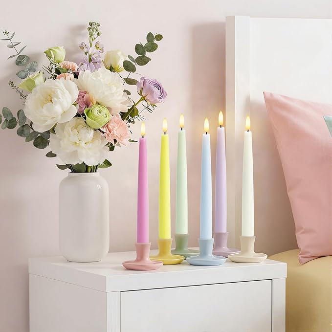 Easter Decorations, Easter Pastel Flameless Candles - Pastel Taper Candles Battery Operated with Timer and Remote Control, Home Table Decor, Wax, Macaron, 6pc