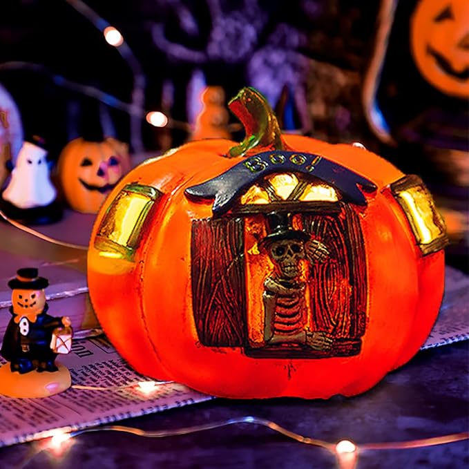 Halloween Skull Pumpkin LED Lantern - Light Up Decorations for Indoor Outdoor, Spooky-Pumpkin with Skeleton Design, Vintage Style Decor for Party, Porch, Tabletops, Mantles, Windowsills, Gardens