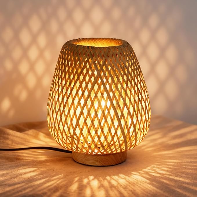 Table Lamp with Double Layer Woven Shade Wood Base,Desk Bedside Small Lamps with 6ft Power Cord, 110V Plug, Dimmable E26 Socket (Bulb Included) for Living Room Night Stands Bedroom