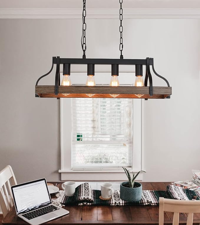 Rustic Kitchen Island Dining Room Light Fixture Farmhouse Linear Chandelier Black and Retro Wood Finish 4-Light Industrial Metal Hanging Pendant Light UL Listed L28.3 W10.6