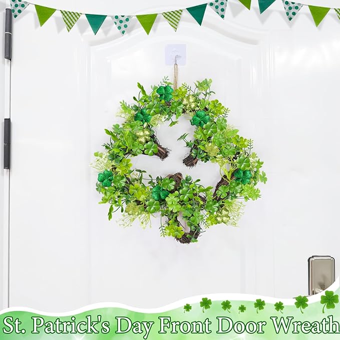 St Patricks Day Decorations St Patricks Day Wreaths for Front Door, Shamrock Wreath with 20 Green Lights Timer Clover Flower 18 Inch Artificial Spring Wreath St Patricks Day Decor for Home Wall Window