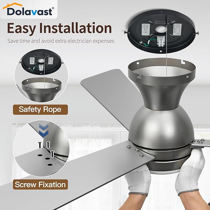 Ceiling Fans with Lights, 48 inch Low Profile Ceiling Fan with Light and Remote Control, Flush Mount, Reversible, 3CCT, Dimmable LED, Noiseless, Nickel Ceiling Fan for Bedroom, Dining Room