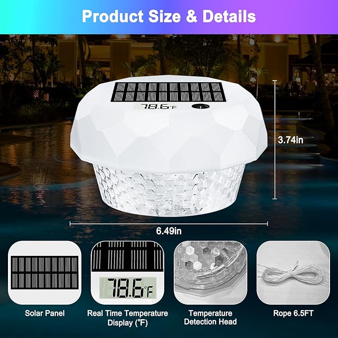 CCHKFEI Solar Floating Pool Lights with Thermometer, Swimming Pool Light with Remote, IP68 Waterproof, RGB 6 Dynamic Modes for Pools, Fountains, Party.