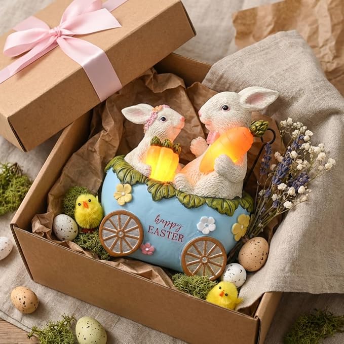 TERESA'S COLLECTIONS Easter Decorations Outdoor with Solar Lights, Easter Bunny and Egg Decor Outdoor, Waterproof Resin Lighted Garden Statue