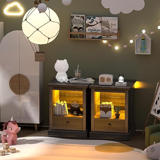 Rresyet Living Room End Table Set of 2, Side Tables with LED Lights & Charging Station & Adjustable Shelf, Storage End Tables with Drawer, Bedroom Nightstands