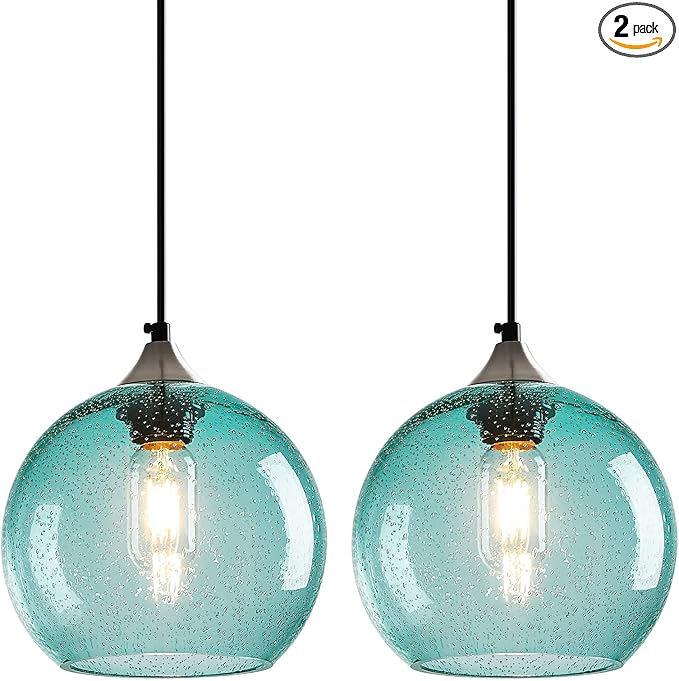 Light Blue Glass Pendant Lights Kitchen Island Lighting Globe Pendant Light Fixtures Modern Pendant Lighting for Bedroom Living Dining Room Light Fixture (7.87 in, 2 Pack)