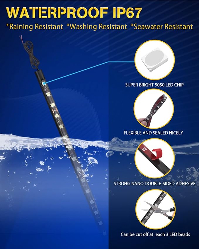 Car LED Strip Light,Auto Led Light Strip 30CM 15 SMD IP67 Waterproof Auto Interior Lights for Home Decoration Car Motorcycles Boat Golf Cart Truck with 3M Tape