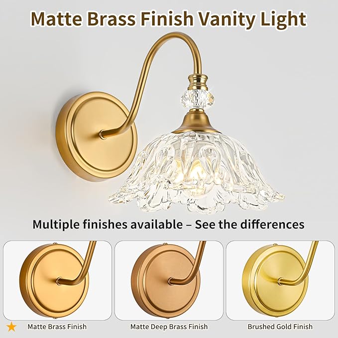 1 Piece Vintage Wall Sconce with Floral Clear Glass Shade, Matte Brass Finish Wall Mount Lighting for Bathroom,Vintage Bathroom Vanity Light Fixtures