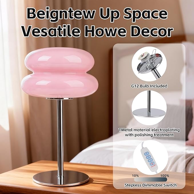 Bedroom Mushroom lamp, Medieval Modern Bedside Table lamp, dimmable Retro Egg Tart Headlight, Unique Home Mushroom Decoration Aesthetic Lovely Living Room Desk lamp (Pink)
