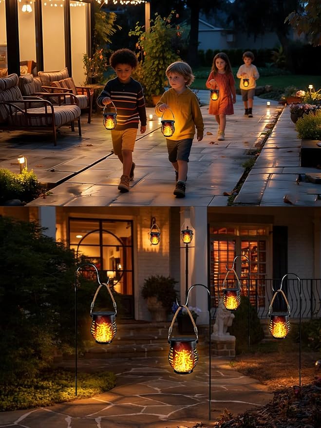 1 Pack Solar Lights Outdoor Waterproof, Solar Lantern with Realistic Flickering Flame, Auto On/Off Solar Powered Garden Light with Hemp Rope Handle for Outside Tree Patio Porch Tabletop Decorations