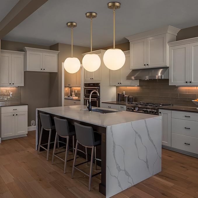 Modern Globe Pendant Light Mid Century Opal Glass Hanging Light Fixture Gold Finish, 3-Light Glass Pendant Lighting for Kitchen Island Dining Room Bedroom Hallway and Bathroom…