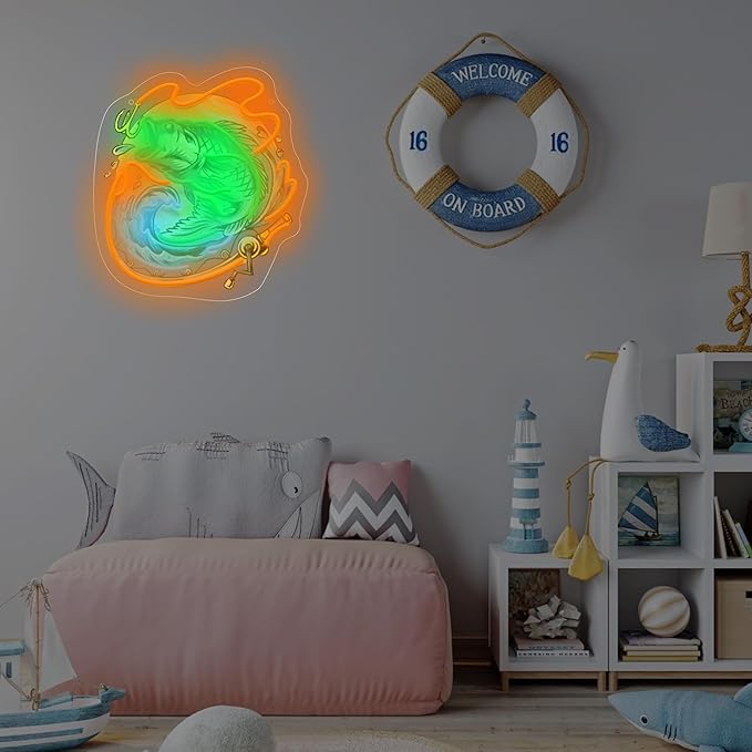 Fishing Neon Sign with Printed Backboard, LED Neon Light for Fisherman Decor, Bass Fish Wall Art for Man Cave, Garage, Bar & Game Room,Fisher Gifts