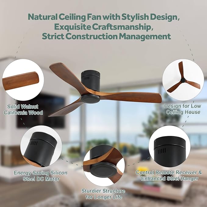 52" Low Profile Ceiling Fan with Remote,Outdoor Flushmount Ceiling Fan with 3 Wood Blade Noiseless Reversible DC Motor, For Living room Bedroom Farmhouse
