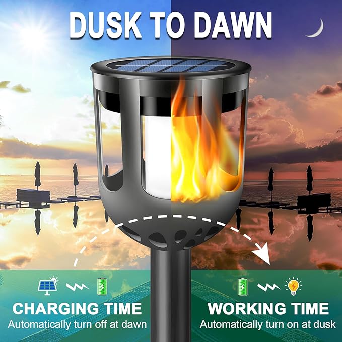 Solar Tiki Torches with Flickering Flame - Solar Lights Outdoor Waterproof, Auto On/Off, Solar-Powered Decorative Lighting for Garden, Yard, Landscape, Patio, Driveway, Walkway, Pathway (6)