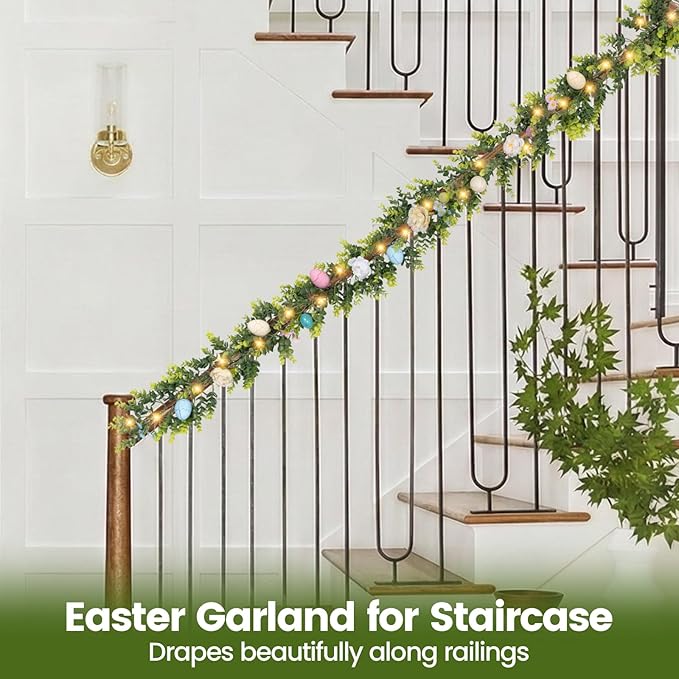 6FT Prelit Easter Garland with 20 LED Lights, Lighted Artificial Easter Egg Garland for Mantle, Battery Operated with 8 Mode Timer – Peony & Eucalyptus Accents