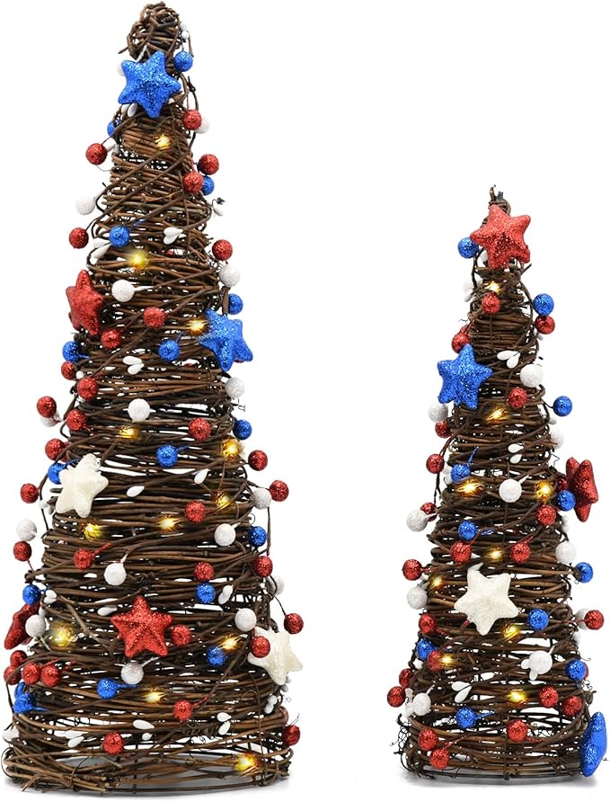 CRCZK 250 Anniversary USA Table Rattan Trees with LEDs, 4th of July Independence Day Table Centerpiece,Rustic Farmhouse Memorial Day Decorations 2PACK Red White Blue Patriotic Decorations