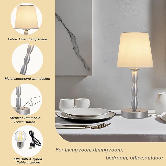 CASTLELIFE Portable Cordless Table Lamp,Touch Desk Lamp Rechargeable Battery Powered, 3-Level Brightness Stepless Dimmable Bedside Night Lamp,for Bedroom/Restaurant/Bars/Outdoor, Bulb Included,Silver