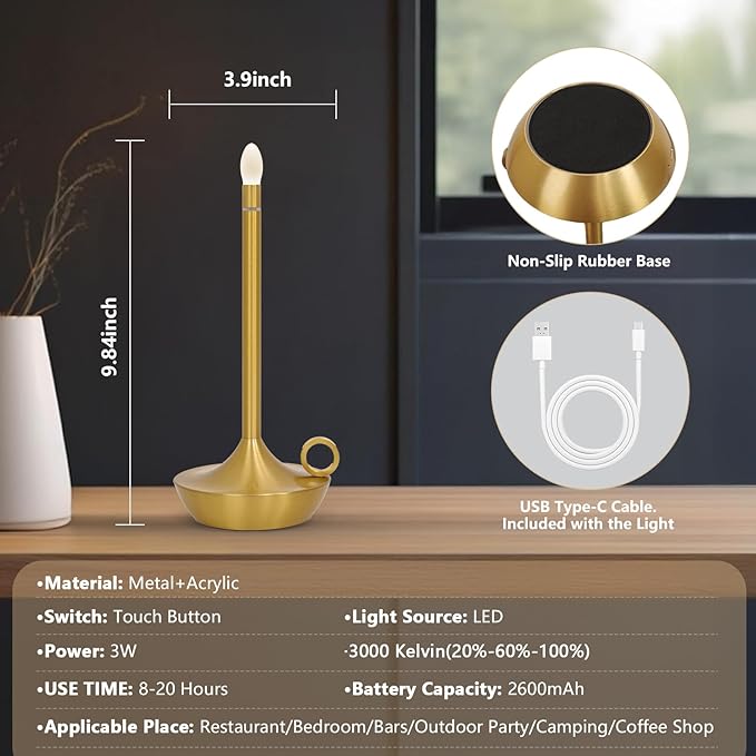 Cordless LED Table Lamp, Portables Lamps, Rechargeable Battery Table Lamps,Stepless Dimming Table Lamps for Dining Room, Bedroom, Bedside, Night Light, Balcony, Outdoor,Coffee,Bar (Gold)