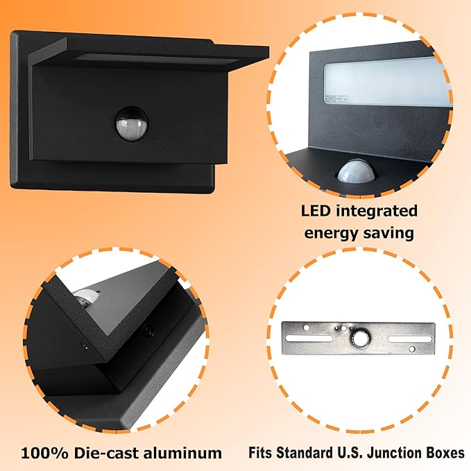 Motion Sensor Outdoor Wall Light, Modern Led Porch Light, Hardwired Outdoor Light Fixture, Anti-Rust Matte Black Sconce Lights Outside Lights for House,Garage, Front Door, Patio，Garden