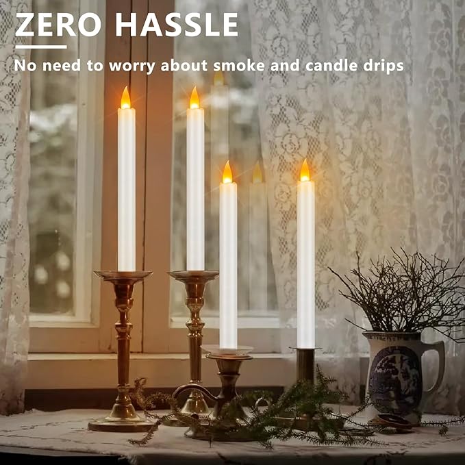 Flameless Taper Candles 10" Dripless Battery Operated Taper Candles Included Remote Timer 400+ Hours by 2AA Batteries for Halloween Christmas Wedding (White, 12 Pack)