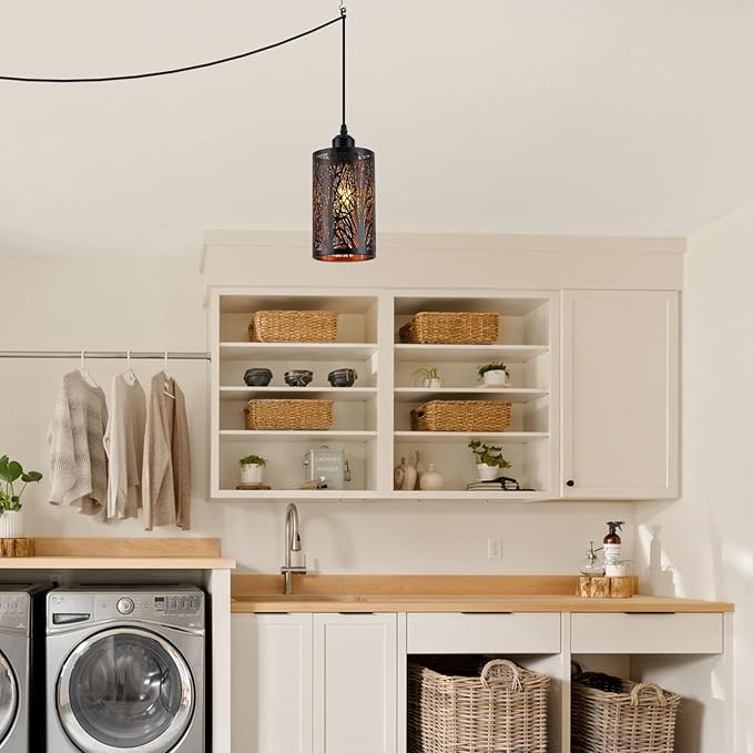 Industrial Black Plug in Pendant Light Vintage Mini Black Gold Hanging Lighting Rustic Hollow-Carved Cylinder Plug-in Pendant Light for Kitchen Island, Bedroom, Dining Room, Hallway