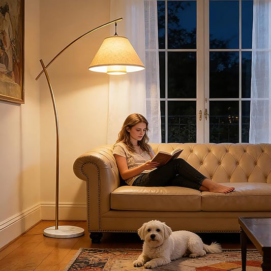 Lightdot Arc Floor Lamp for Living Room, Modern Standing Tall Lamps with Double Linen Lampshade, Tall Hanging Pole Lamp with Bulb Included for Bedroom Sofa Beside/Corner Decor - Gold
