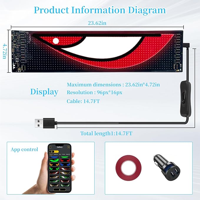 2Pcs Devil Eyes Light for Cars, 23.62inx4.72in Programmable LED Display for Car Windows - Flexible Waterproof Dynamic Eyes with Bluetooth App Control, Suitable for Cars and Trucks