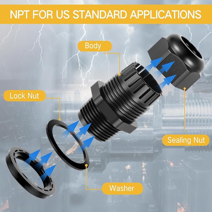 25 Pcs 1/2" NPT Black Nylon Cable Gland, Waterproof IP68 Adjustable Locknut Cable Diameter Waterproof Connectors Black Cord Grip