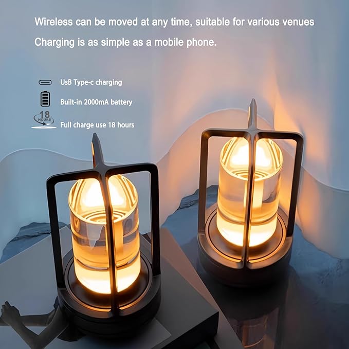 Cordless Table lamp Rechargeable Portable Metal Touch Small Desk Lamp,Indoor/Outdoor Battery Operated LED Night Light,3Color Stepless Dimming Crystal Lantern Suitable bedrooms,Bars,cafes,Camping,Black