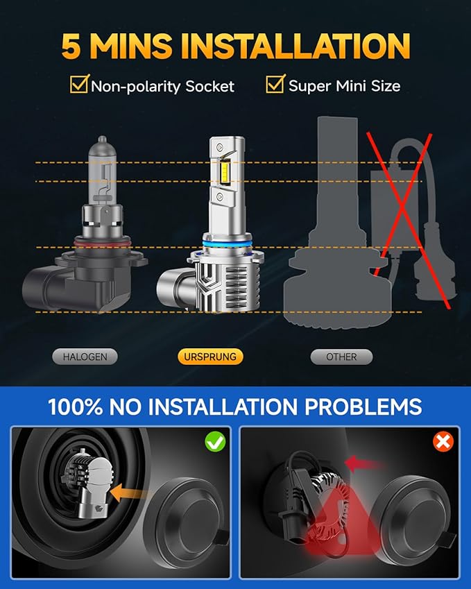 Ursprung 9005 9006 led Bulb Combo,900% 60,000LM Brightness 9005/HB3 9006/HB4 Bulbs,6,500K Cool White,Plug and Play,Halogen Replacement fog bulb,Quick Installation,Pack of 4