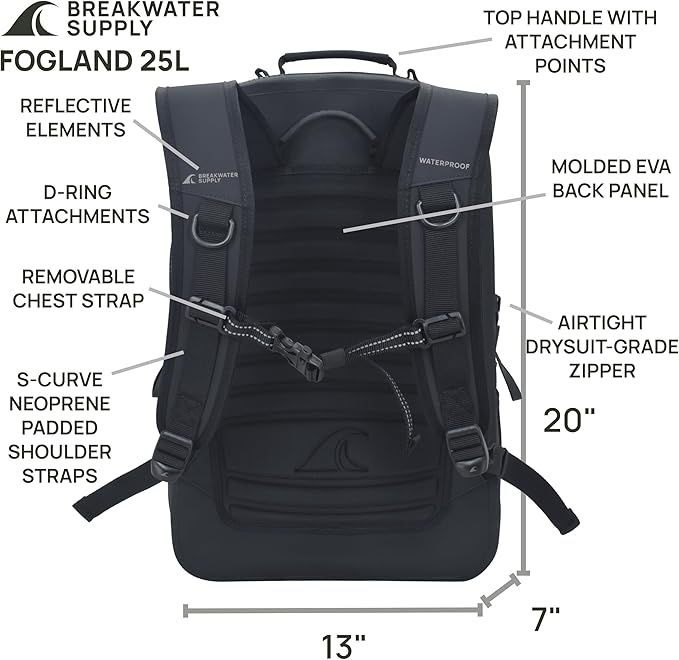 Breakwater Supply™ Waterproof IP68 Submersible Backpack with Airtight Zippers | Laptop Travel Outdoors | Fogland 25L 20L 15L | 100% Waterproof, Submersible, Airtight Zippers, Travel Outdoors