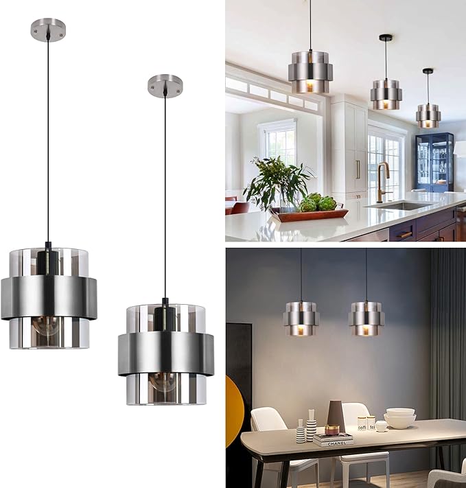Pendant Lights Kitchen Island Lighting,7 Inch Adjustable Mini Glass Haning Lights for Entrance Aisle Decorative Lighting Fixture for Dining and Bar Table (2 Pack Brushed Nickel)