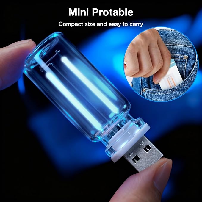 4 PCS USB Car Lights, Touch Dimmable Retro Mini Glass Bottle LED Ambient Night Light for Vehicle Interior, Bedroom, Hallway, Camping, Holiday and Party Decoration (Blue)