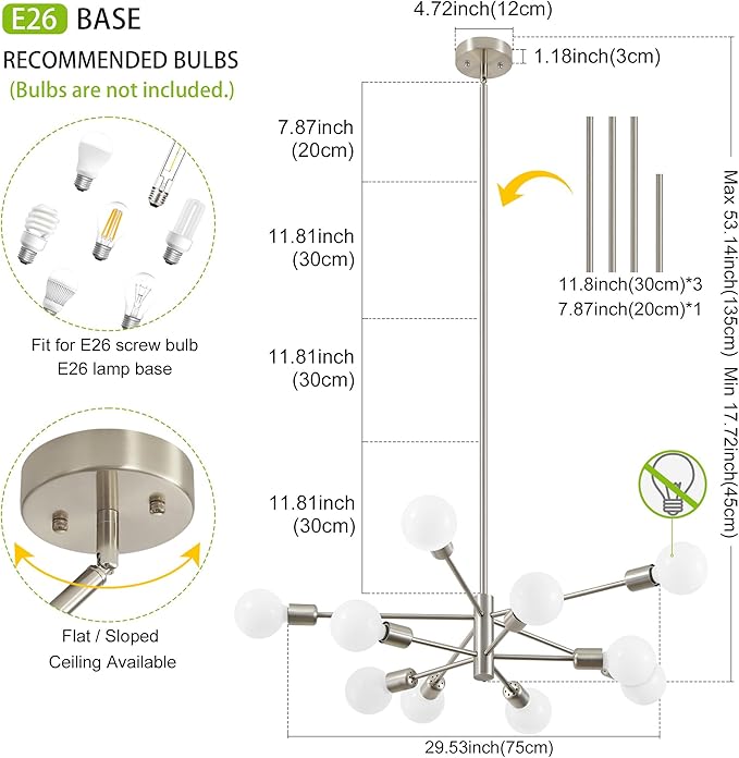 Sputnik Chandelier Modern Brushed Nickel Chandeliers Mid Century Ceiling Lighting Fixture for Living Room, Kitchen, Bedroom, Dining Room, and Farmhouse (10-Light)