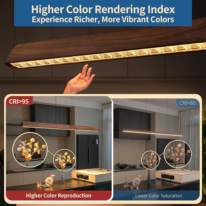 57" Wood Linear Pendant Light, Dimmable Kitchen Island Lighting with Remote, 30W LED Island Lights for Kitchen, Adjustable Linear Chandelier for Dinning Room Light Fixture, Bar, Pool Table Light