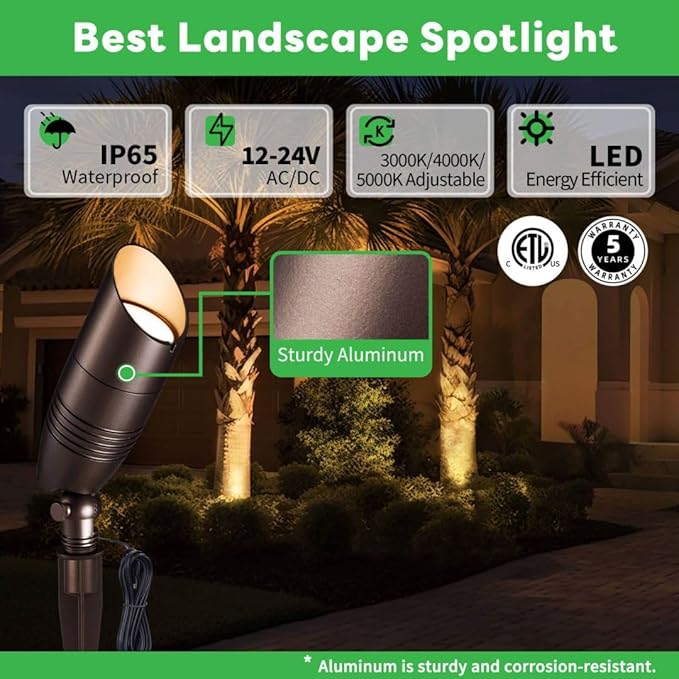 Outdoor LED Spotlights, Waterproof Aluminum 3CCT Color Temperature Changing Landscape Lights, Perfect for Illuminating Trees Gardens Patios, Adding Charm to Your Outdoor Spaces 12 Pack