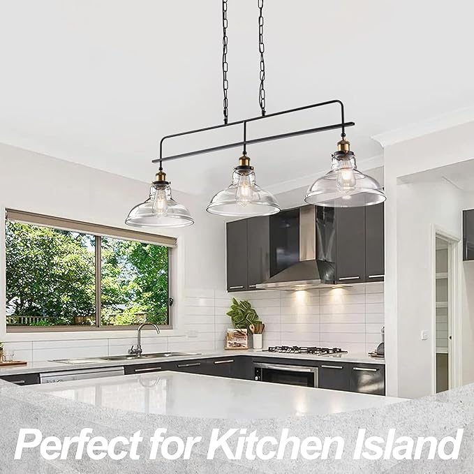 Industrial Glass Kitchen Island Lighting Vintage 3-Lights Glass Pendant Light for Kitchen Island Rustic Farmhouse Black Chandelier for Dining Room, Living Room, Bar, Over Table