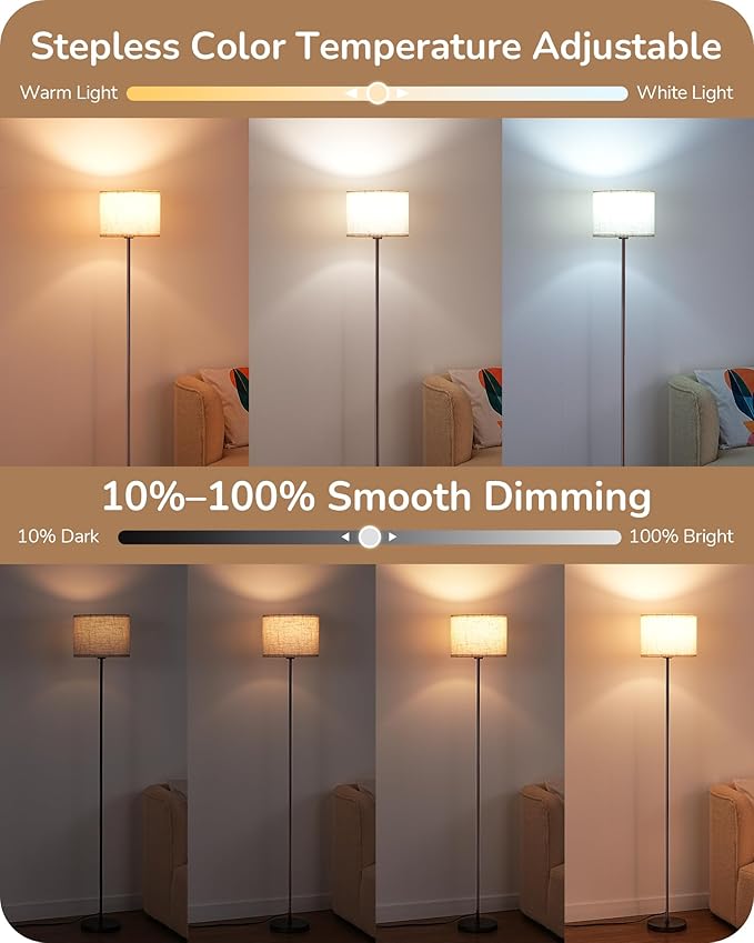 EDISHINE Minimalist Floor Lamp with 2 Shades, Adjustable Brightness & Color Temperature, Remote Control, Dimmable Modern Standing Lamp for Living Room, Bedroom, E26, A19 Bulb Included, Brown