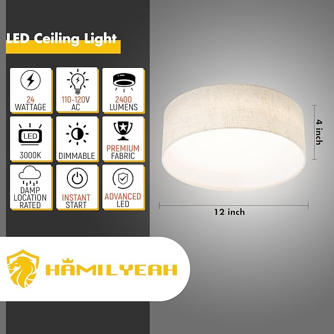 Hamilyeah Fabric Ceiling Light Fixture 24W, 12 inch LED Ceiling Light Flush Mount Dimmable, Kitchen Light Fixture Ceiling Mount, Close to Ceiling Light for Bedroom, Living Room