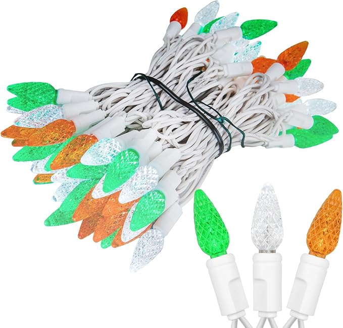 ‎‎‎Novelty Lights 24FT 70 LED C6 LED St. Patrick's Day String Lights, Outdoor Christmas Tree Commercial Grade LED String Lights, Christmas Lights Outdoor Tree Decorations Outdoor (Green/White/Orange)