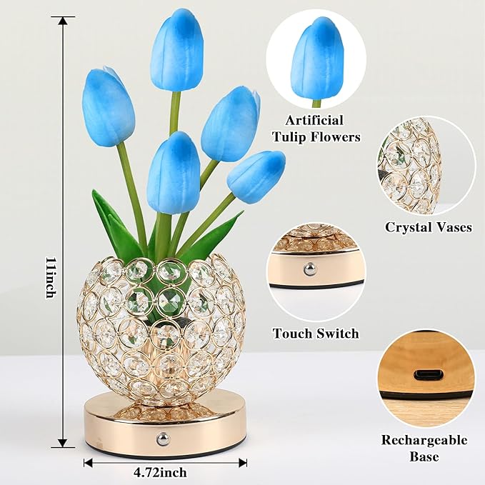 Birthday Gifts for Women/Mom Table Lamp, 3 Color Crystal Flower Bedside Lamps Infinitely Dimming with USB Charge Small Night Light,Nightstand Touch Lamp for Bedroom (u-BlueTulip)