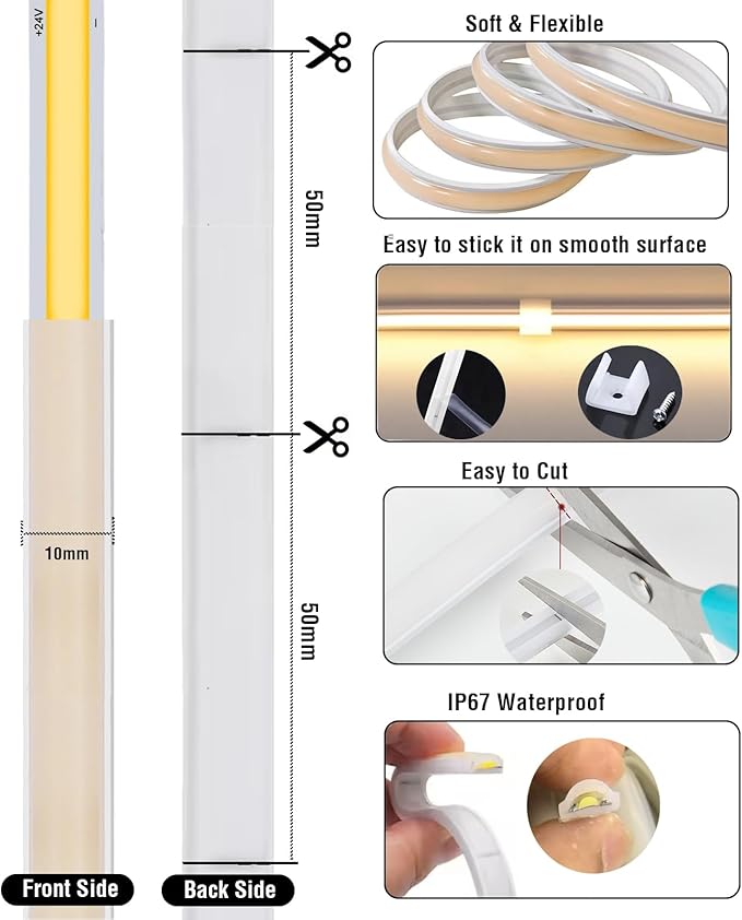IP67 Waterproof Warm White Dimmable Dotless COB LED Strip Light with Remote & App,3000K CRI 93+16.4Ft Outdoor Flexible Cuttable Silicone Neon Rope Light for Kitchen, Bedroom, Bathroom & More
