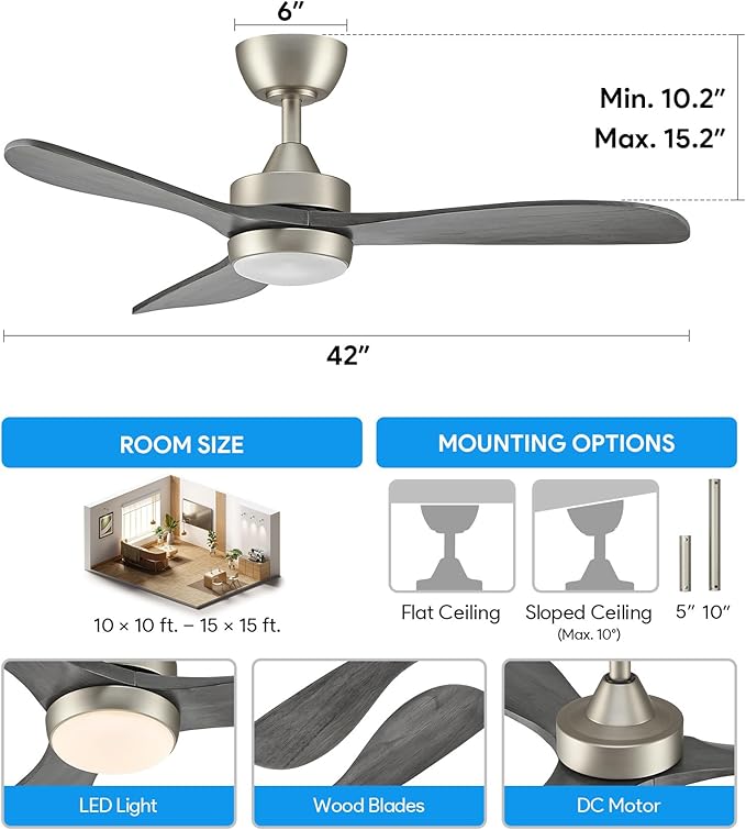 VONLUCE Ceiling Fans with Lights, 42 Inch Ceiling Fan and Remote, 6-Speeds Noiseless Reversible DC Motor, 3CCT, Wood Ceiling Fan for Outdoor Indoor Farmhouse Patios, Nickel