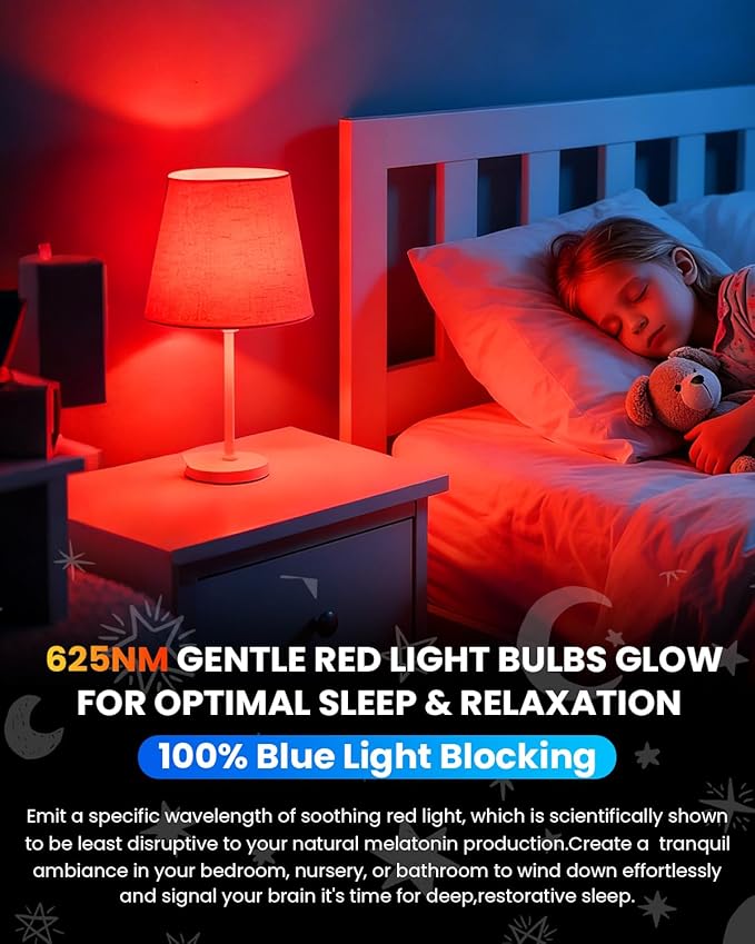 Red Sleep Light Bulbs: A15 5W 625nm Red Light Bulbs for Sleeping, 100% Blue Light Blocking Dim Light Bulbs 40W Equivalent, E26 LED Bulbs for Mood Soothing, Bedroom and Baby Nursery, 2 Pack