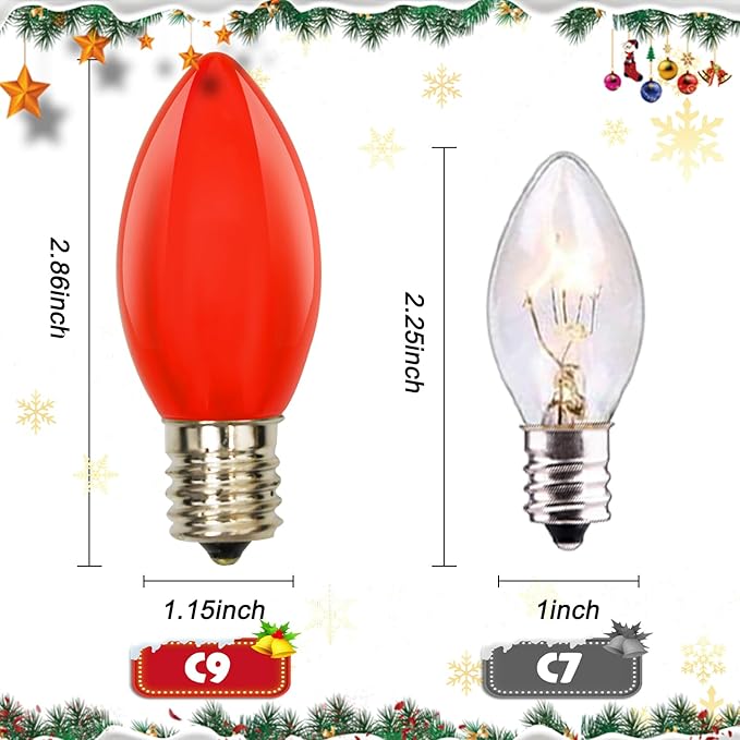 25 Pack C9 Ceramic Christmas Replacment Bulbs, Red Light Bulbs for E17 Candelabra Base Outdoor/Indoor Christmas String Lights, 7 Watt
