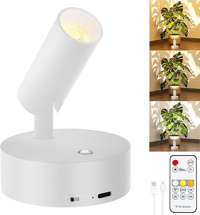 Rechargeable LED Spotlight Indoor: Wireless Battery Operated Spotlight with Remote Control Small Picture Spot Light Accent Uplighting for Plant Artwork White