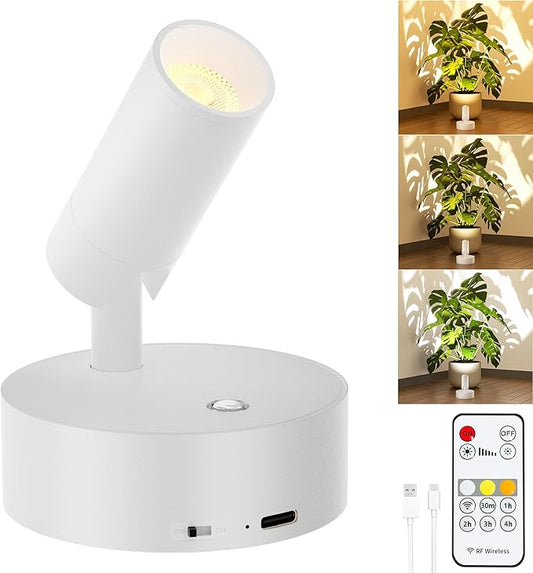 Rechargeable LED Spotlight Indoor: Wireless Battery Operated Spotlight with Remote Control Small Picture Spot Light Accent Uplighting for Plant Artwork White