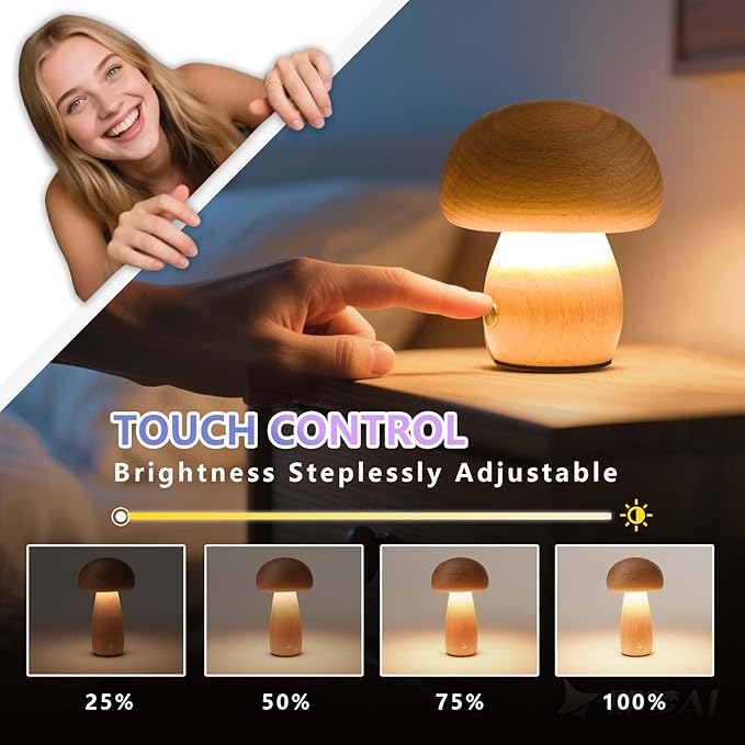 Mushroom-Night-Lights Rechargeable, Cordless Wooden Mushroom Table Lamps, Portable Desk Lamps for Bedroom, Studyroom, Living Room, Office, Birthday Gifts(2 Packs)