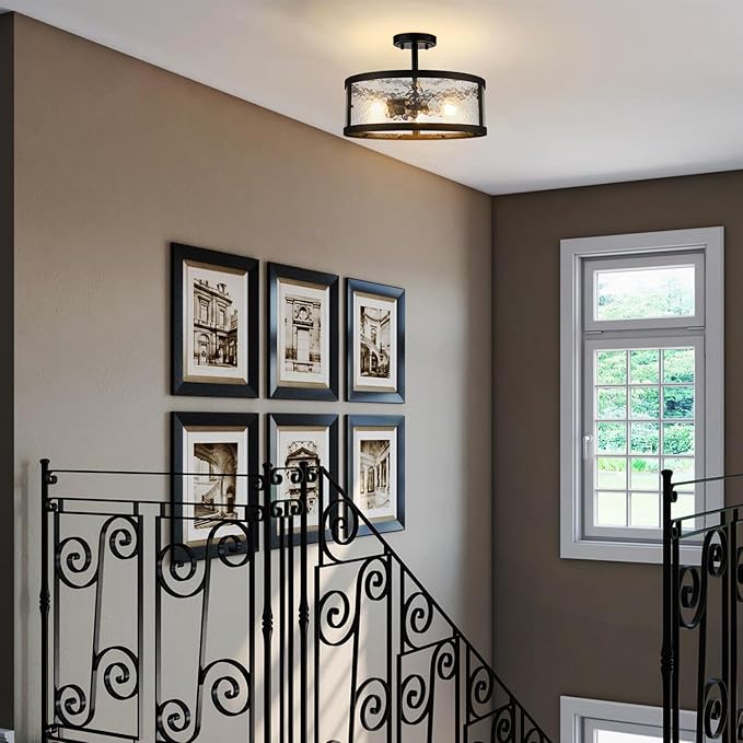 Industrial Black Semi Flush Mount Ceiling Light Harmmered Glass Farmhouse Ceiling Light Fixture 3-Light Ceiling Light for Bedroom Kitchen Bathroom Entryway Proch