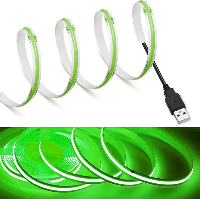 MDee】COB LED Strip Lights Green 9.84ft/3m USB Powered 5V Flexible LED Tape Lights with USB Connector CRI 90+ 800LM/m 320LEDs/m for Indoor and Outdoor Décor（Green9.84ft/3m）